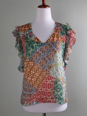 Marie Oliver Short Ruffle Sleeve Silk Patchwork V Neck Top / Blouse Size XL